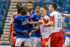 Rangers' Glen Kamara reacts to a comment made by Slavia's Ondrej Kudela during the UEFA Europa League Round of 16 2nd Leg match at Ibrox on March 18. (Photo by Alan Harvey / SNS Group)