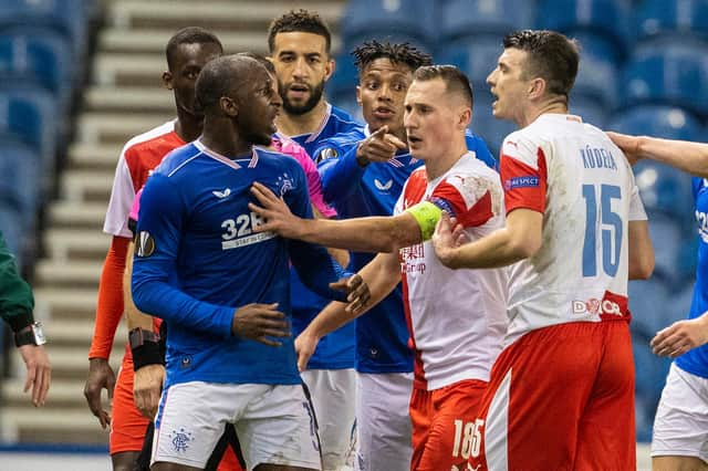 Rangers' Glen Kamara reacts to a comment made by Slavia's Ondrej Kudela during the UEFA Europa League Round of 16 2nd Leg match at Ibrox on March 18. (Photo by Alan Harvey / SNS Group)