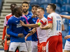 Rangers' Glen Kamara reacts to a comment made by Slavia's Ondrej Kudela during the UEFA Europa League Round of 16 2nd Leg match at Ibrox on March 18. (Photo by Alan Harvey / SNS Group)