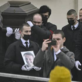 Pallbearers carry the coffin of late Russian opposition leader Alexei Navalny out of the Mother of God Quench My Sorrows church after his funeral service. Picture: Alexander Nemenov/AFP via Getty Images