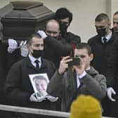 Pallbearers carry the coffin of late Russian opposition leader Alexei Navalny out of the Mother of God Quench My Sorrows church after his funeral service. Picture: Alexander Nemenov/AFP via Getty Images