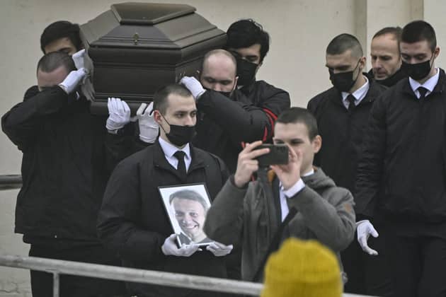Pallbearers carry the coffin of late Russian opposition leader Alexei Navalny out of the Mother of God Quench My Sorrows church after his funeral service. Picture: Alexander Nemenov/AFP via Getty Images