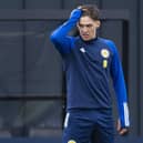 Aaron Hickey trains for Scotland.