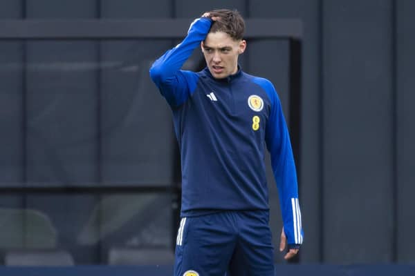 Aaron Hickey trains for Scotland.