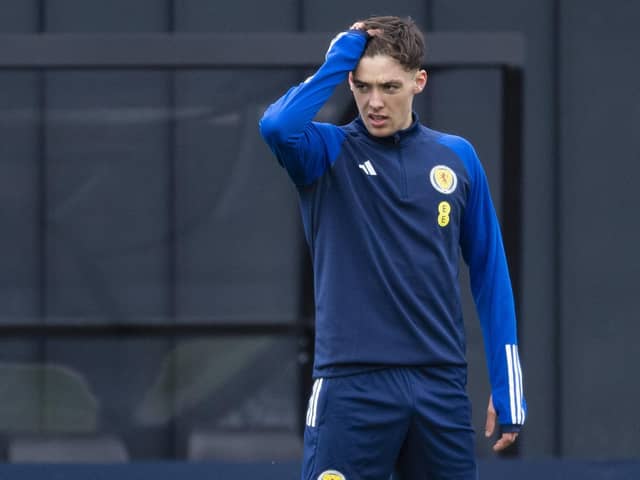 Aaron Hickey trains for Scotland.