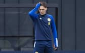 Aaron Hickey trains for Scotland.