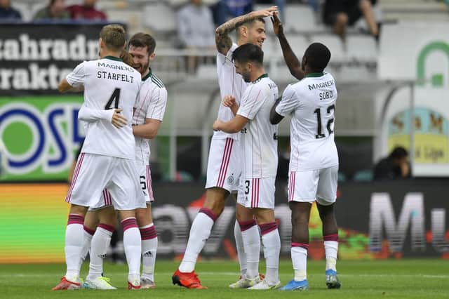 Celtic players celebrate scoring during the 4-2 win over FK Jablonec. (Radek Petrasek/CTK via AP)