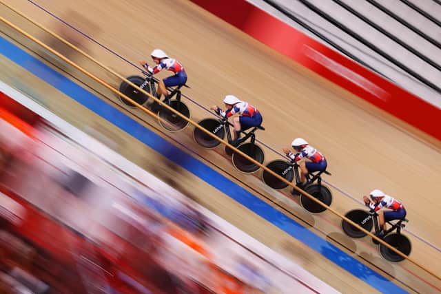 Team GB sprint during the Women's team pursuit qualifying of the Track Cycling