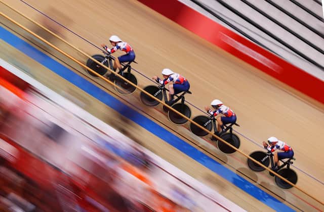 Team GB sprint during the Women's team pursuit qualifying of the Track Cycling