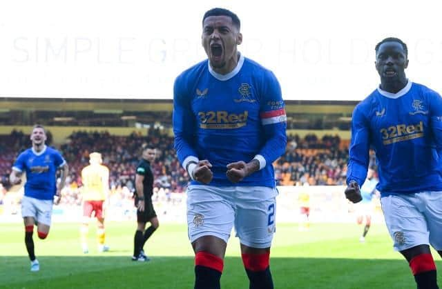 MOTHERWELL, SCOTLAND - APRIL 23: Rangers' James Tavernier celebrates making it 3-1 during a cinch Premiership match between Motherwell and Rangers at Fir Park, on April 23, 2022, in Motherwell, Scotland.  (Photo by Rob Casey / SNS Group)