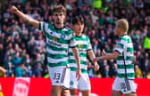 Celtic's Matt O'Riley celebrates after making it 3-0 against Livingston.