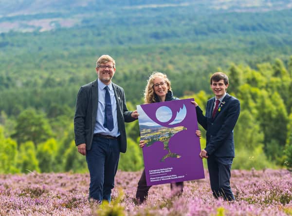 Grant Moir, CEO, Cairngorms National Park Authority, Lorna Slater MSP, Minister for Green Skills, Circular Economy and Biodiversity, Xander McDade, convener at Cairngorms National Park Authority Board.