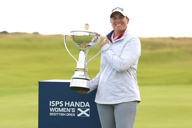 American Lauren Coughlin shows off tyhe trophy after winning the ISPS HANDA Women's Scottish Open at Dundonald Links. Picture: ISPS HANDA Women's Scottish Open