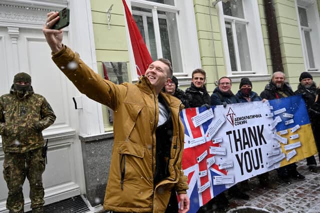 People gathered outside the British embassy in Kyiv to thank the UK for sending anti-tank weapons to Ukraine (Picture: Sergei Supinsky/AFP via Getty Images)