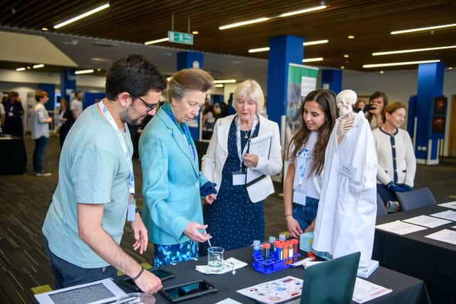 HRH The Princess Royal with Medical Research Scotland's chair, Professor Heather Wallace and MRS-funded researchers.