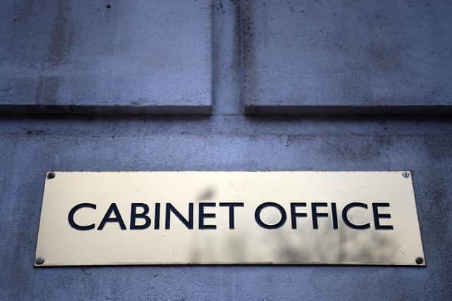 A sign for the Cabinet Office is pictured at 70 Whitehall, in Westminster, central London. Picture: Daniel Leal/AFP via Getty Images