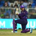 Richard Berrington of Scotland plays a shot during the ICC Men's T20 World Cup match between Pakistan and Scotland at Sharjah Cricket Stadium on November 07, 2021 in Sharjah, United Arab Emirates.