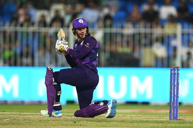 Richard Berrington of Scotland plays a shot during the ICC Men's T20 World Cup match between Pakistan and Scotland at Sharjah Cricket Stadium on November 07, 2021 in Sharjah, United Arab Emirates.