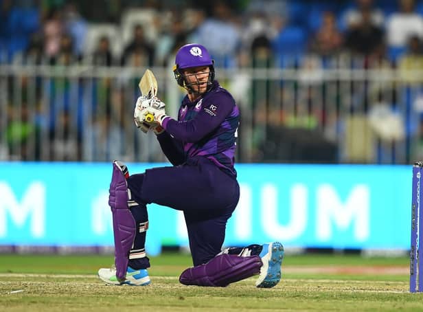 Richard Berrington of Scotland plays a shot during the ICC Men's T20 World Cup match between Pakistan and Scotland at Sharjah Cricket Stadium on November 07, 2021 in Sharjah, United Arab Emirates.