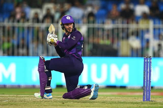 Richard Berrington of Scotland plays a shot during the ICC Men's T20 World Cup match between Pakistan and Scotland at Sharjah Cricket Stadium on November 07, 2021 in Sharjah, United Arab Emirates.