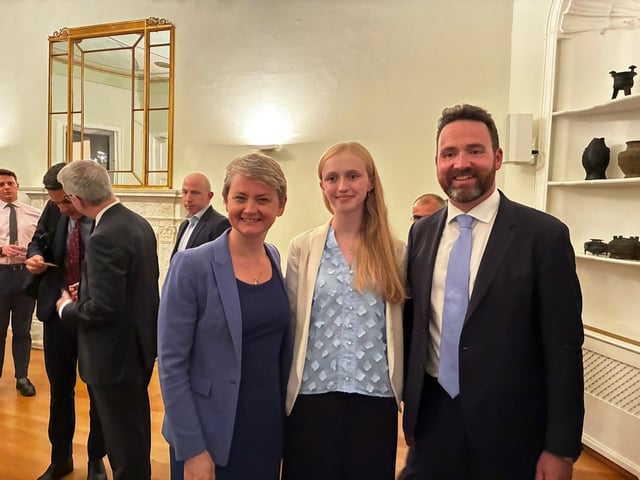 Gregor Poynton MP and Lena Zielinska with the keynote speaker, the Foreign Secretary, Yvette Cooper MP.