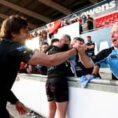 Sebastian Cancelliere celebrates with Glasgow Warriors supporters after the club reached their first ever European final. (Photo by Michael Steele/Getty Images)