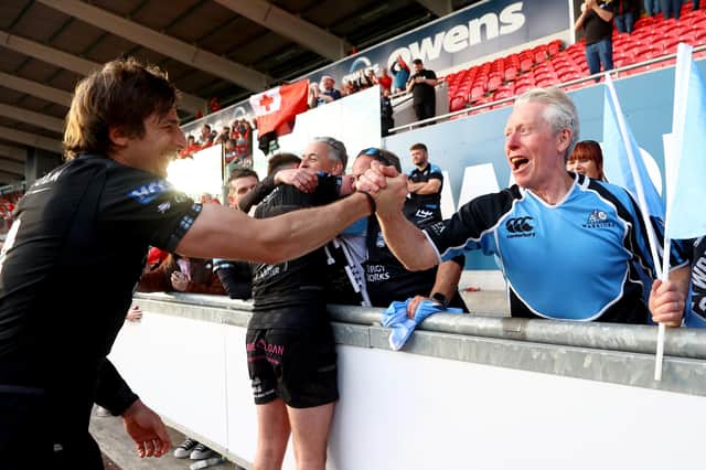 Sebastian Cancelliere celebrates with Glasgow Warriors supporters after the club reached their first ever European final. (Photo by Michael Steele/Getty Images)