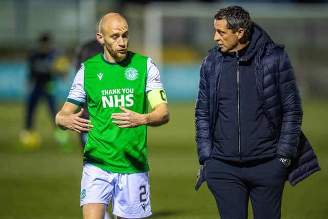 Hibernian manager Jack Ross with goalscorer David Gray during the Betfred Cup match against Forfar. Photo by Ross Parker / SNS Group