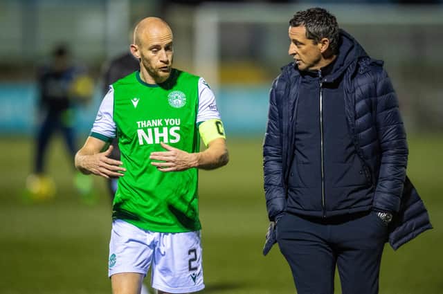 Hibernian manager Jack Ross with goalscorer David Gray during the Betfred Cup match against Forfar. Photo by Ross Parker / SNS Group