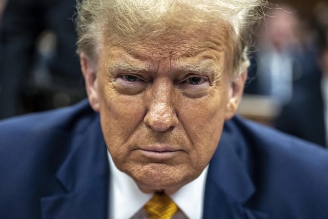 Former President Donald Trump in Manhattan Criminal Court, where he faces 34 counts of falsifying business records related to the hush money payment to adult film actress Stormy Daniels. Photo: Mark Peterson/Pool Photo via AP