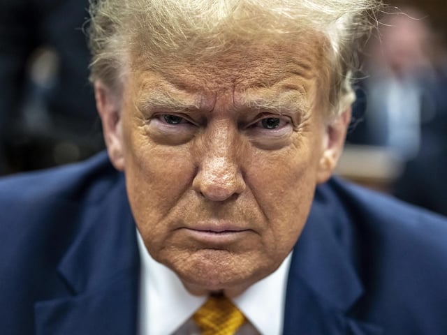 Former President Donald Trump in Manhattan Criminal Court, where he faces 34 counts of falsifying business records related to the hush money payment to adult film actress Stormy Daniels. Photo: Mark Peterson/Pool Photo via AP