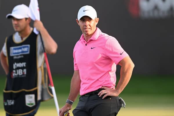 Rory McIlroy looks a tad frustrated after finishing his third round with a bogey-6 in the Hero Dubai Desert Classic at Emirates Golf Club. Picture: Ross Kinnaird/Getty Images.