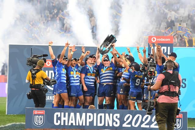 The Stormers celebrate winning the inaugural United Rugby Championship after beating the Bulls in the final. (Photo by RODGER BOSCH/AFP via Getty Images)