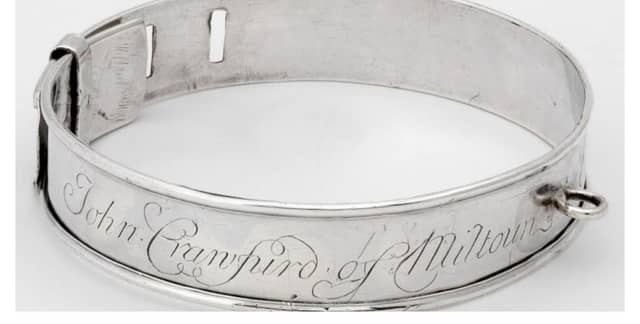 A silver slave collar manufactured in Glasgow , probably for an enslaved person belonging to John Crawfurd of Milton, alias Sir John Stewart of Castlemilk. PIC: Glasgow Museums.