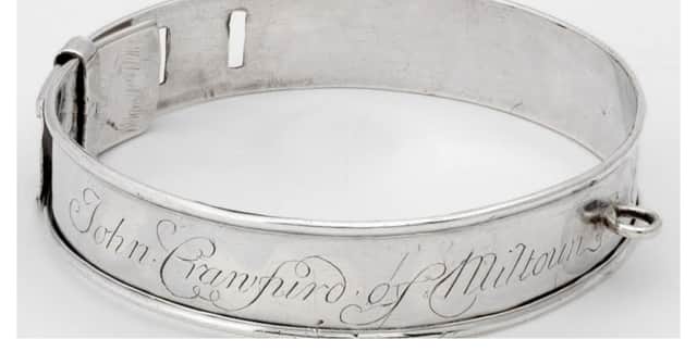 A silver slave collar manufactured in Glasgow , probably for an enslaved person belonging to John Crawfurd of Milton, alias Sir John Stewart of Castlemilk. PIC: Glasgow Museums.