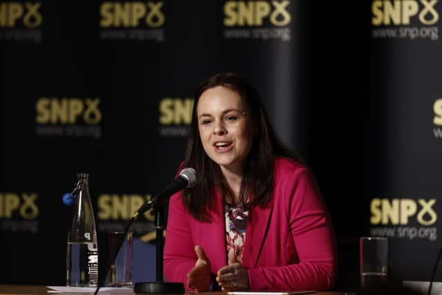 Finance secretary Kate Forbes speaks as she, Scottish National Party MSP Ash Regan, and Scotland's Health Minister and Scottish National Party MSP Humza Yousaf attend a SNP Hustings event at Rothes Halls in Glenrothes. Picture: Jeff J Mitchell/Getty Images