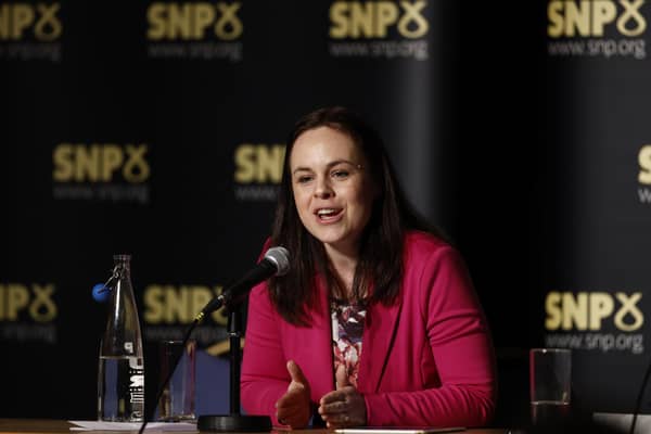 Finance secretary Kate Forbes speaks as she, Scottish National Party MSP Ash Regan, and Scotland's Health Minister and Scottish National Party MSP Humza Yousaf attend a SNP Hustings event at Rothes Halls in Glenrothes. Picture: Jeff J Mitchell/Getty Images