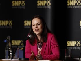 Finance secretary Kate Forbes speaks as she, Scottish National Party MSP Ash Regan, and Scotland's Health Minister and Scottish National Party MSP Humza Yousaf attend a SNP Hustings event at Rothes Halls in Glenrothes. Picture: Jeff J Mitchell/Getty Images