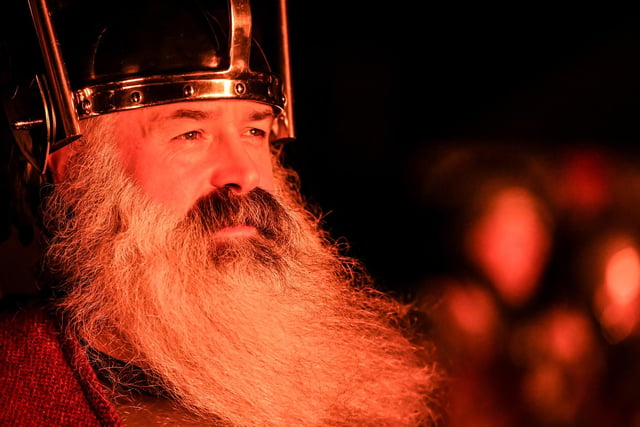 Richard Moar, 47, is the chief jarl and surveys the scene at the Up Helly Aa festival. Picture: Andy Buchanan/AFP via Getty Images