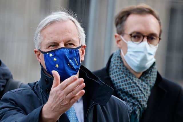 EU chief negotiator Michel Barnier wearing a face mask because of the novel coronavirus pandemic leaves a conference centre as talks continue between the EU and the UK in London. Picture: Tolga Akmen/AFP via Getty Images