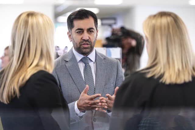 First Minister Humza Yousaf speaking to staff during his visit to NHS 24's Dundee contact centre. Picture: Euan Cherry/PA Wire