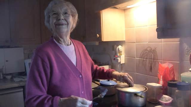 Molly Forbes in the kitchen of her mobile home - which she called Paradise. PIC: Montrose Pictures.
