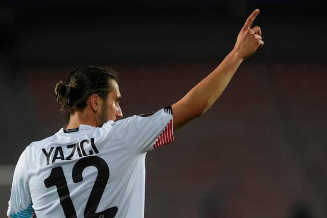 Lille's Turkish midfielder Yazici Yusuf celebrates scoring during the Europa League Group H match with Sparta Prague (Photo by MICHAL CIZEK/AFP via Getty Images)