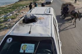 A car used by US-based aid group World Central Kitchen, that was hit by an Israeli strike (Photo by AFP)