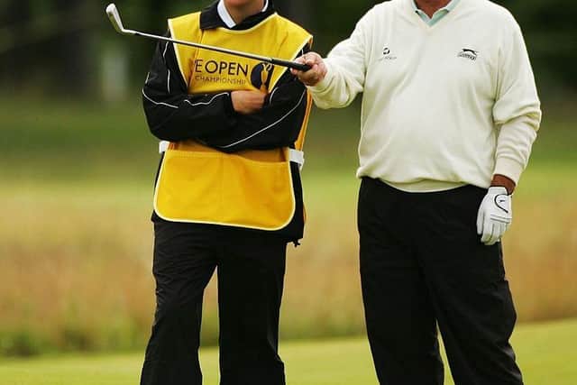 Tony Jacklin with son Sean when he caddied for him in the 136th Open Championship at Carnoustie in 2007. Picture: Warren Little/Getty Images.