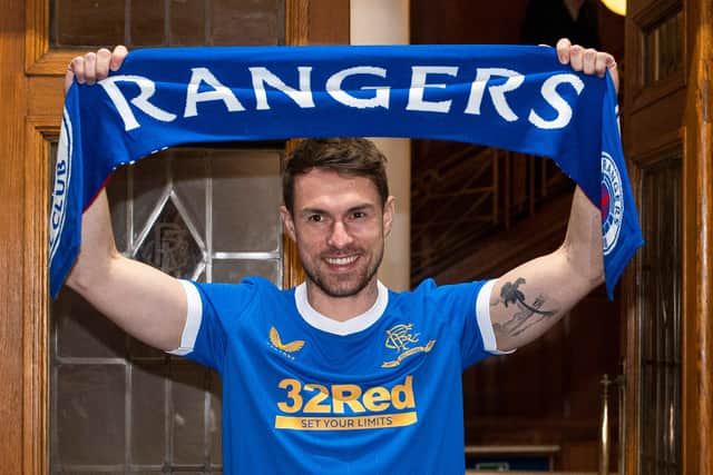 Aaron Ramsey is pictured at Ibrox Stadium after sealing a loan move to Rangers from Juventus.