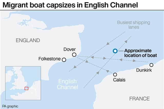 Migrant boat capsizes in English Channel. PA graphic