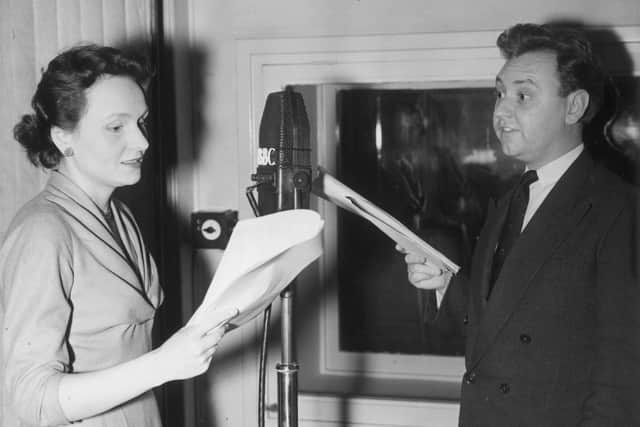 Ysanne Churchman recording The Archers with co-star Norman Painting, who played Philip Archer, in 1954 (Picture: Fred Morley/Fox Photos/Getty Images)