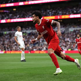 Luis Diaz reacts after a goal was rules offside during the Premier League match between Tottenham Hotspur and Liverpool