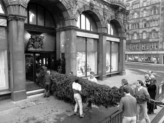 Jenners has boasted the best Christmas decorations since it began trading - here you can see a 40 foot Christmas tree being delivered in November. Year: 1987